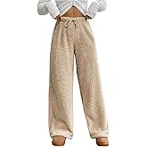COZYEASE Women's Drawstring Waist Teddy Wide Leg Pants Loose Fuzzy Pants Casual Trousers