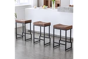 FIRAVOE Bar Stools Set of 3, 24" Counter Height Bar Stools, Faux Leather Barstools for Kitchen Island, Backless Saddle Stools with Metal Legs (Dark Brown, 3PCS 24" Counter Stools)