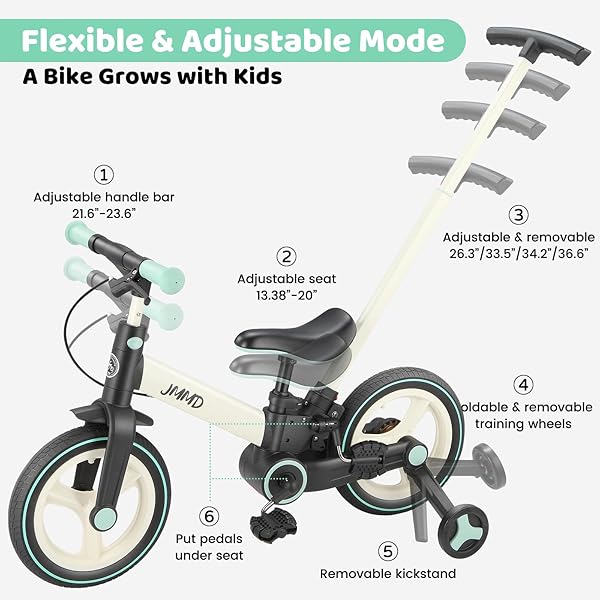 JMMD 6 IN 1 TODDLER BIKE WITH PUSH HANDLE FOR KIDS 18-60 MONTHS, 12″ FOLDABLE BALANCE BIKE WITH TRAINING WHEELS, PEDALS, BRAKES, KICKSTAND, PUSH TRICYCLE TODDLER GIFT & TOYS FOR BOY & GIRL