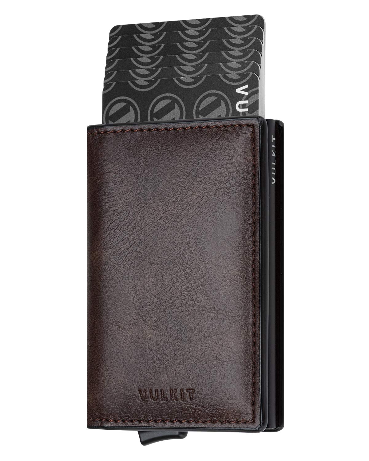 VULKIT Credit Card Holder RFID Blocking Mens Leather Card Wallet Pop Up Secure Bank Card Holder with 2 Slots for Cards and Banknote