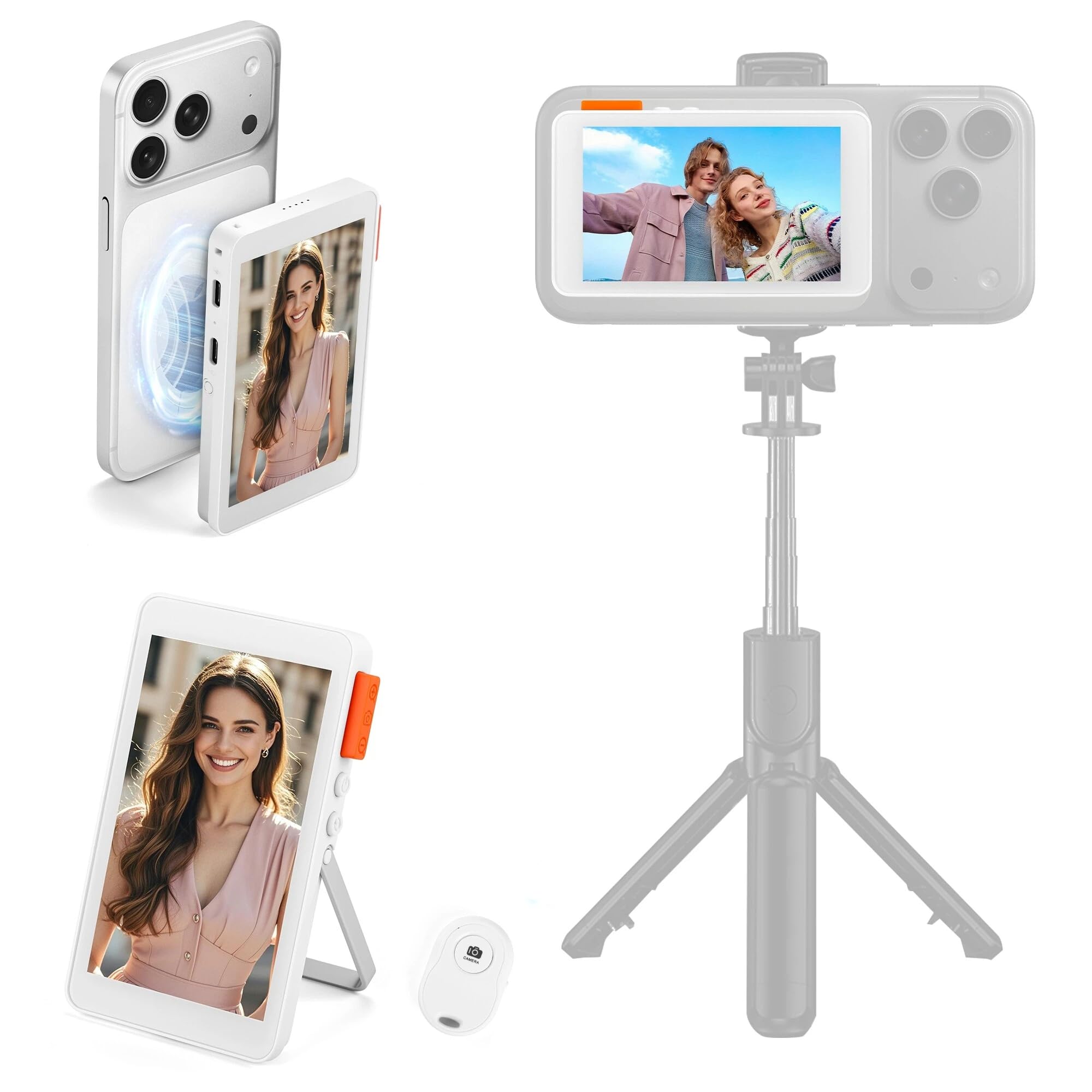 Vlog Selfie Monitor Screen for iPhone & Android, 2300mAh Selfie Monitor Screen with Bluetooth Remote, Speaker, 3-Level Brightness, Bracket, 4K Wireless & Wired Recording for YouTube & TikTok
