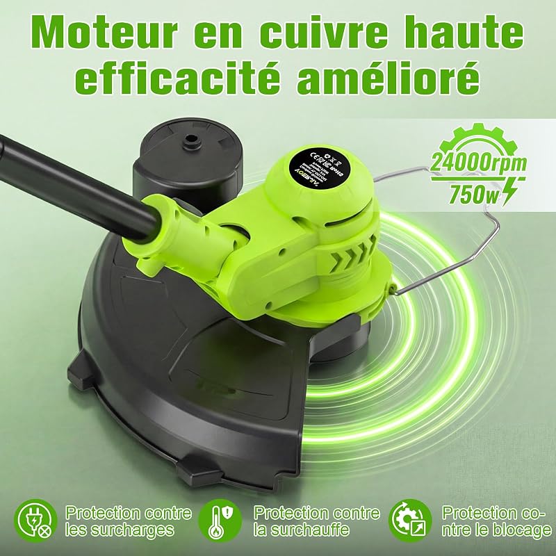 Débroussailleuse Électrique sans Fil 21V avec Écran LCD, Coupe-Bordure à Roues (30cm), Avancement Automatique du Fil, 8 Bobines Incluses, Tête Réglable et Multifonction. (Set Jardin Pro)