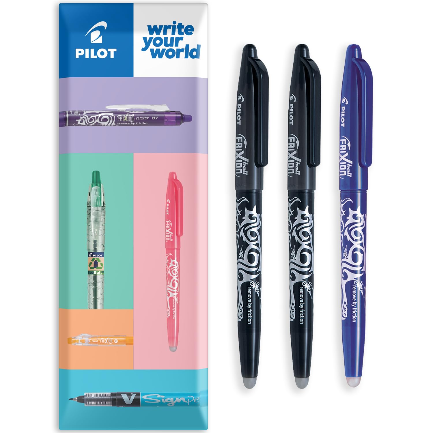 Pilot Frixion Heat/Friction Erasable Rollerball Pen FR7 - Medium Line 0.7mm Tip Nib - In Envelope Gift Packaging - Pack of 3, 2 x Black & 1 x Blue Ink