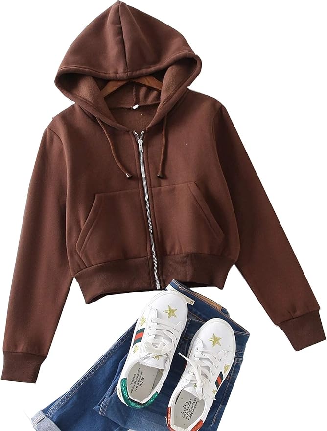 Floerns Women's Casual Long Sleeve Zip Up Cropped Hoodie Jacket with