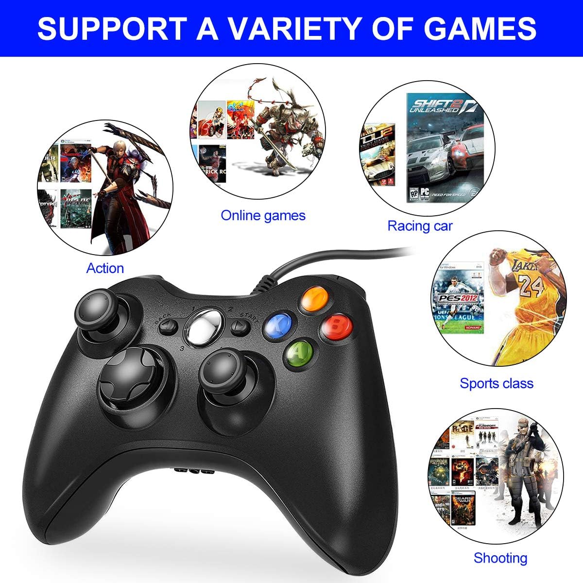 Game Controller for Xbox 360, OUTAD Wired USB Controller Gamepad Game Joystick Joypad Compatible with Microsoft Xbox 360 & Slim/PC Windows 7 8 10 - Ideal for All Gaming Sessions on Xbox and PC (Black): Computers & Accessories