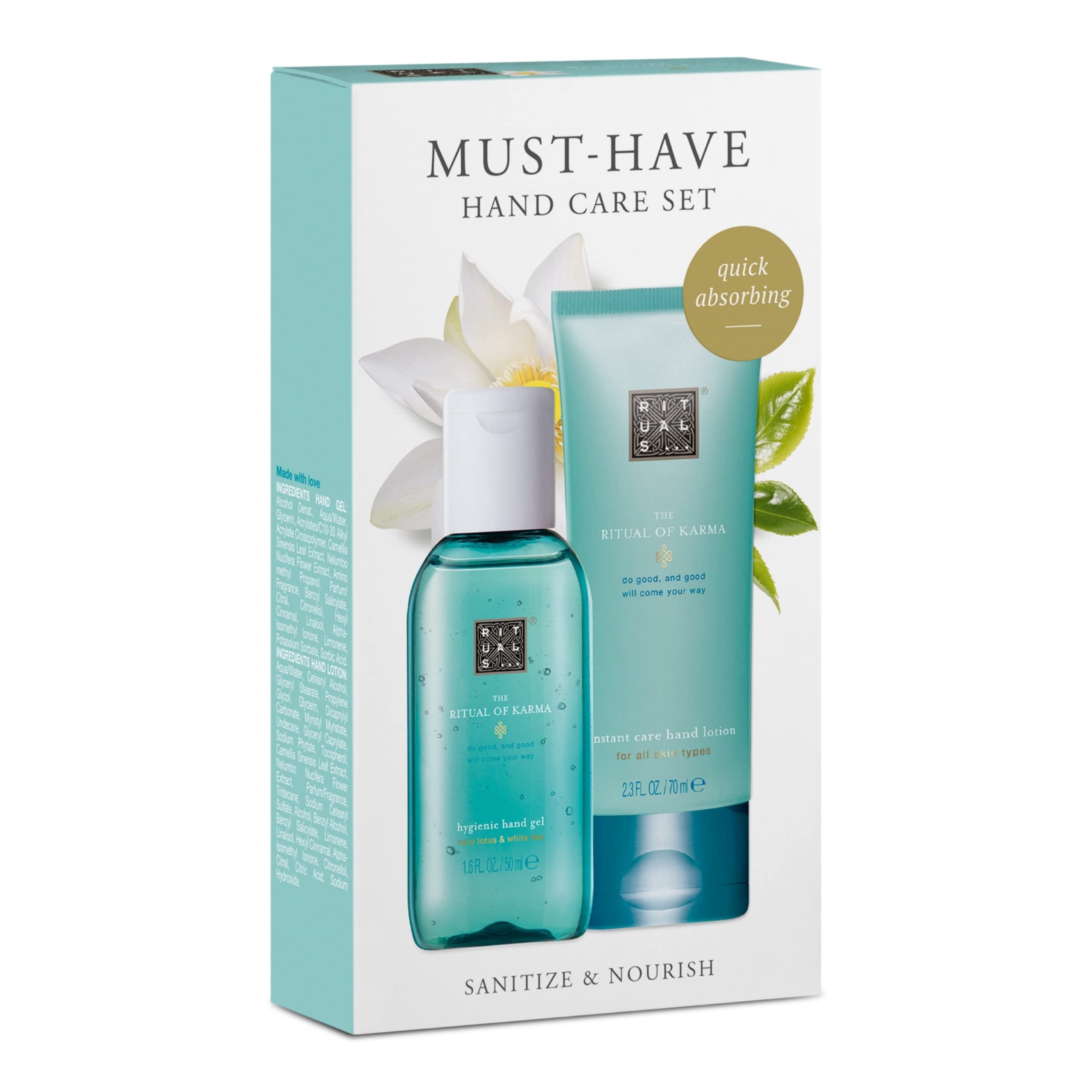 RITUALS Hygiene Hand Gel & Hand Balm Set from The Ritual of Karma, With Summery Holy Lotus & White Tea - Hydrating, Cooling Properties with No Soap or Water Required