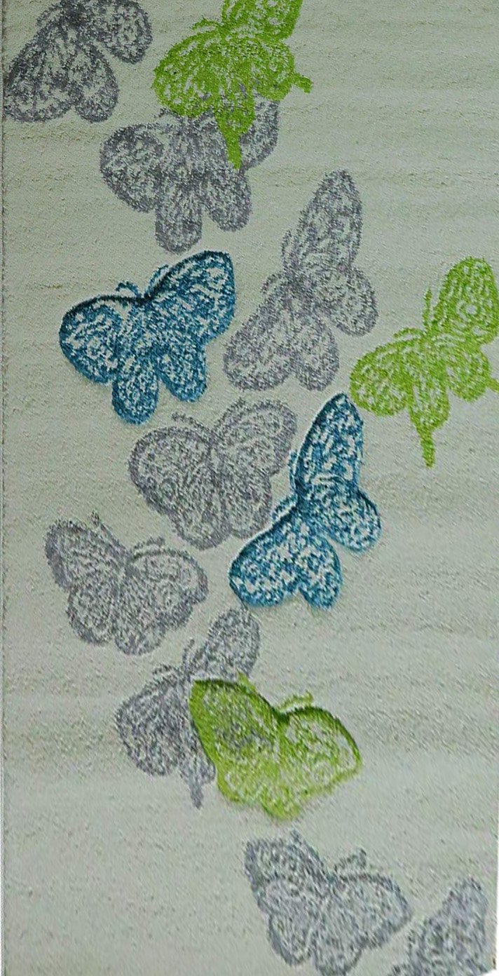 ASPECT Kids Girls Room,Playroom Rug/Teal,Green,Grey Butterflies On Cream Background (80x150cm), Polyester, Multi, 80 x 150 cm