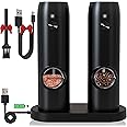 Electric Salt and Pepper Grinder Set - USB Rechargeable,LED Light,Adjustable Coarseness,TEITOP Automatic Pepper and Salt Mill Grinder Set with Charging Base(Black 2 Mills)