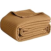 100% Cotton Blankets Queen Size for Bed - Waffle Weave Blankets for Summer, Lightweight and Breathable Soft Woven Blanket for Spring, White, 90x90 Inches (Beige, Queen (90" x 90"))