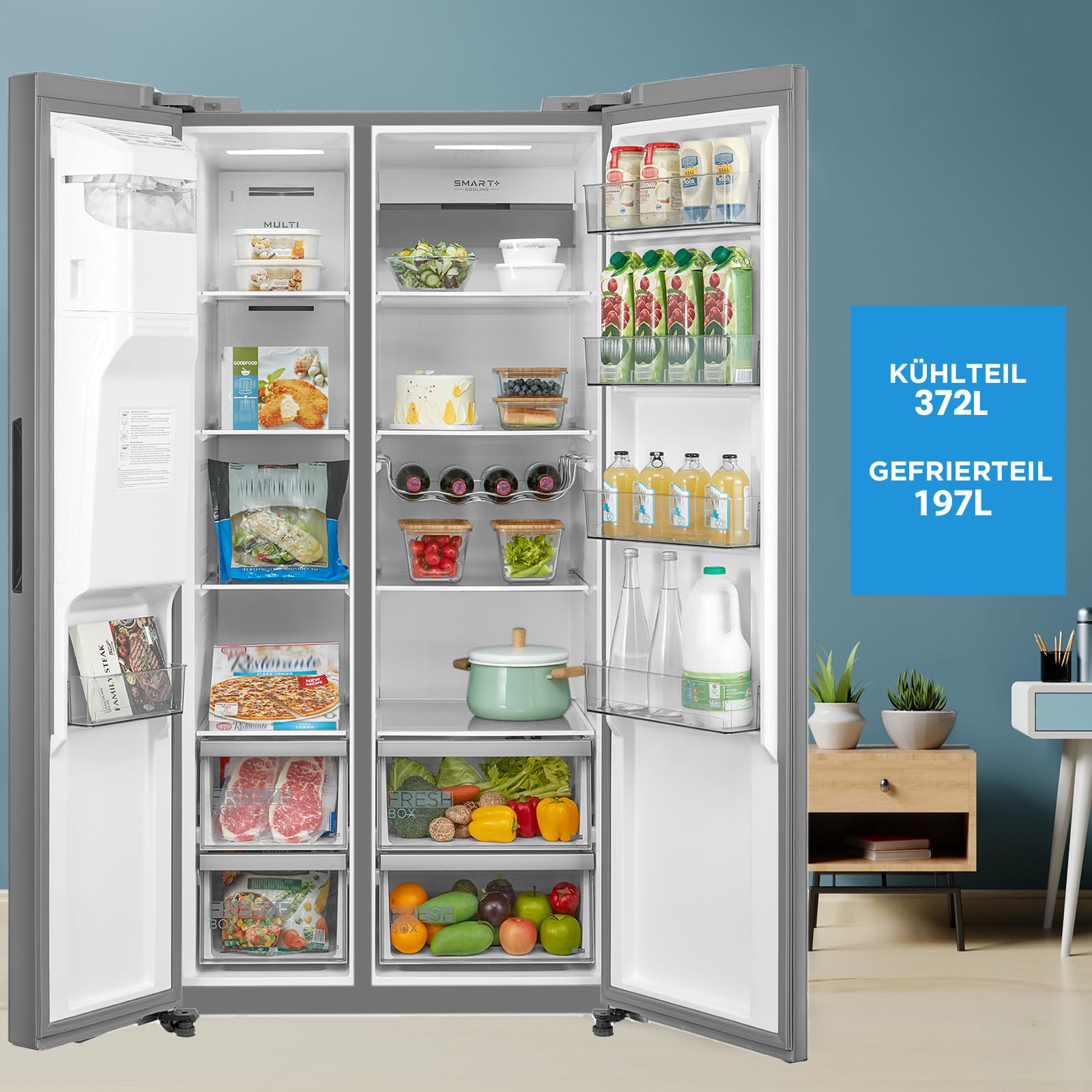 Midea Side-by-Side Kühl-Gefrierkombination 569 L | Eiswürfel- & Wasserspender, WiFi-Steuerung | No Frost, Multi-Air-Flow, Platinum Fresh | 178,6 cm, MDRS761MIE46 6