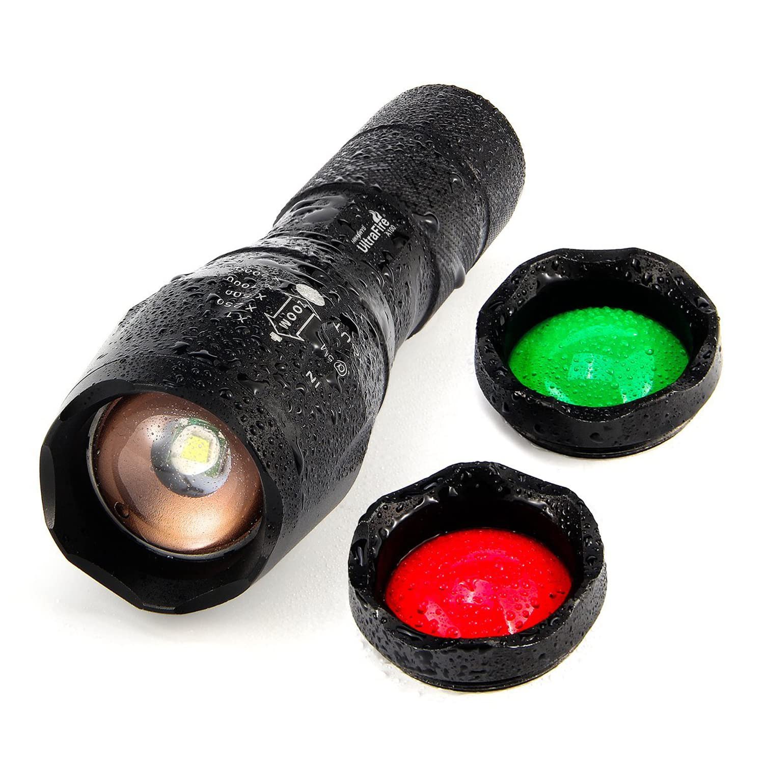 ULTRAFIRE LED Tactical Torch 900 Lumens with Red Light Green Light, Zoomable 5 Modes Bright Small Flashlight, 3 Color Interchangeable Filters for Camping Outdoor