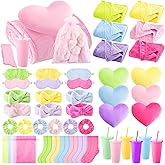 Fanfanwin 48 Pcs Sleepover Party Supplies Spa Birthday Slumber Pajamas Galentines Party Favors Coquette Throw Blanket Pillow Headband Scrunchies Eye Mask Cup Socks(Multicolor,Solid Color)