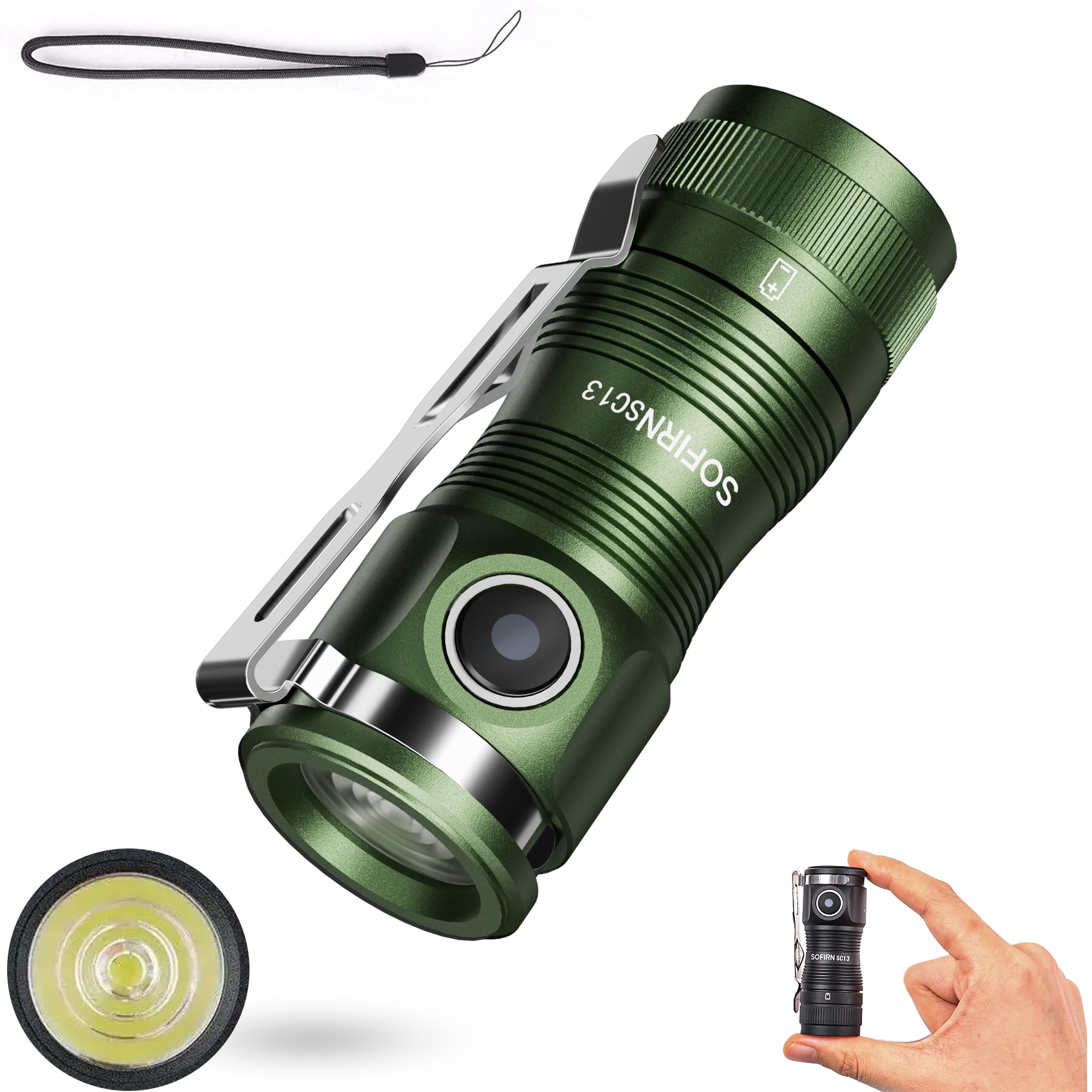 Sofirn SC13 Green LED Torch - 1300LM Rechargeable Pocket Light With 217M Optical Path Distance, 5 Modes, IP68 Waterproof EDC for Camping, Hiking, Emergency