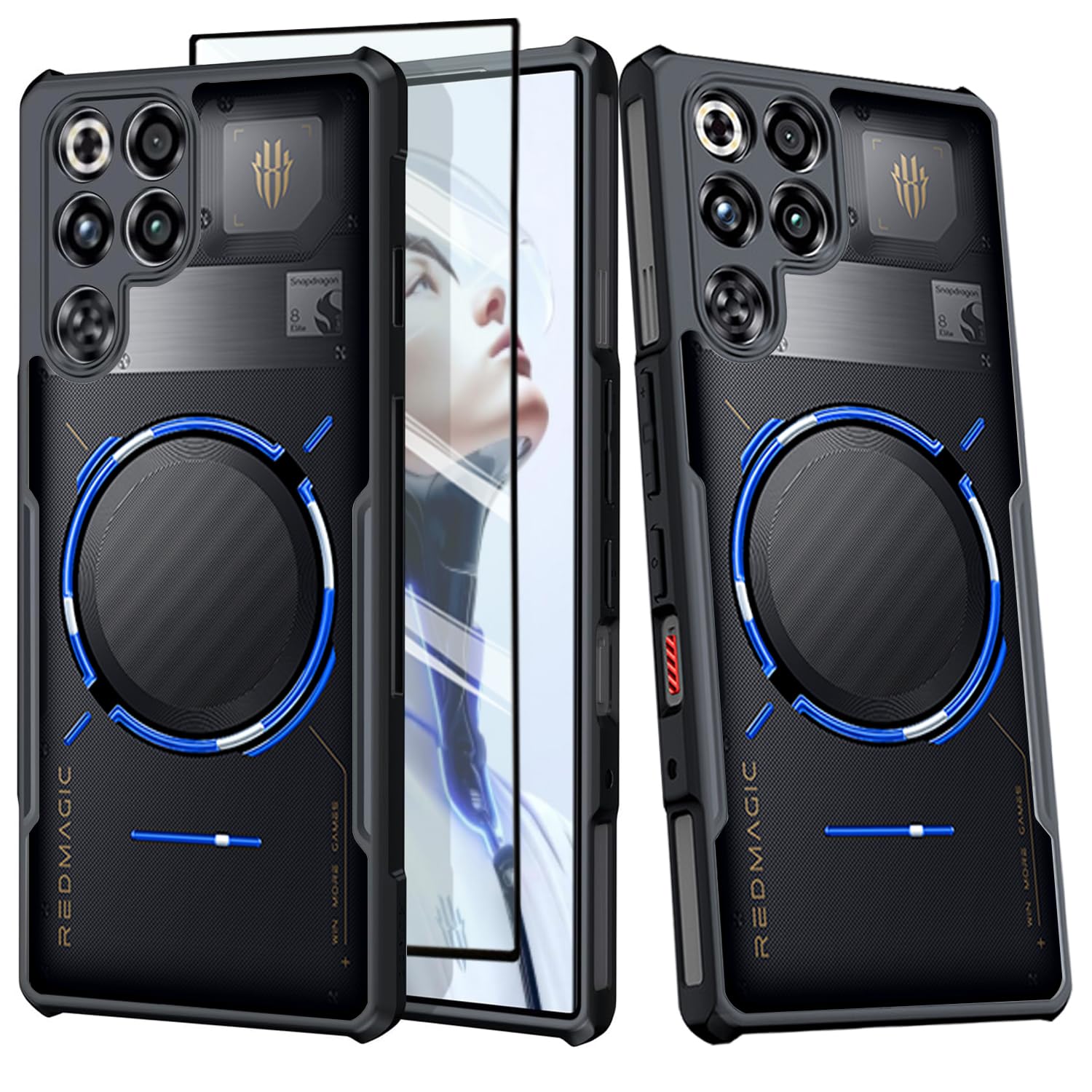 Guizzcg Gaming Case for Red Magic 11 Pro/11 Pro+, Military Grade Airbags Shockproof Drop Protection Soft TPU + Hard PC Back Cover [1 Tempered Film],Black