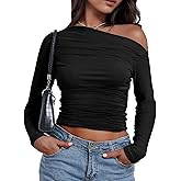 Buauty Womens Off Shoulder Tops Long Sleeve Crop Tops Casual Boat Neck Going Out Blouses One Shoulder Y2K Tight Shirts 2026