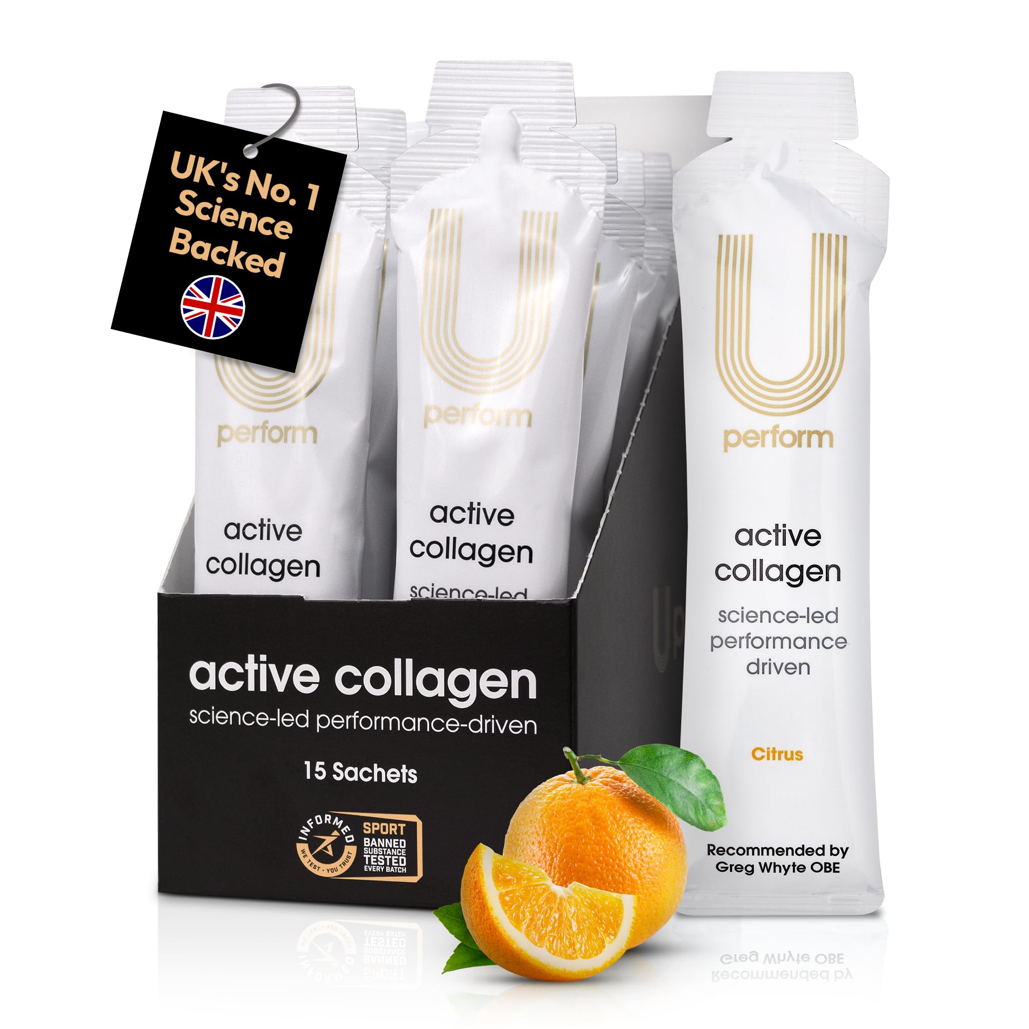 U Perform Citrus Flavoured Active Collagen Liquid Sachet for Sports Muscle Recovery, Hydrolysed Collagen Peptides for Joint Health, Clinically Proven Bovine Collagen Supplement (8000mg x 15 Sachets).
