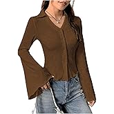 MakeMeChic Women's Button Down Blouse Collared V Neck Bell Sleeve Shirt Tops