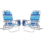SUNNYFEEL Portable Beach Chair, Lightweight Beach Chair for Adults, Folding Camping Chair with Side Table & Organizer Bag, 3 Position Adjustable, 300lbs Heavy Duty, Low Back, Blue Stripes, 2 Pack