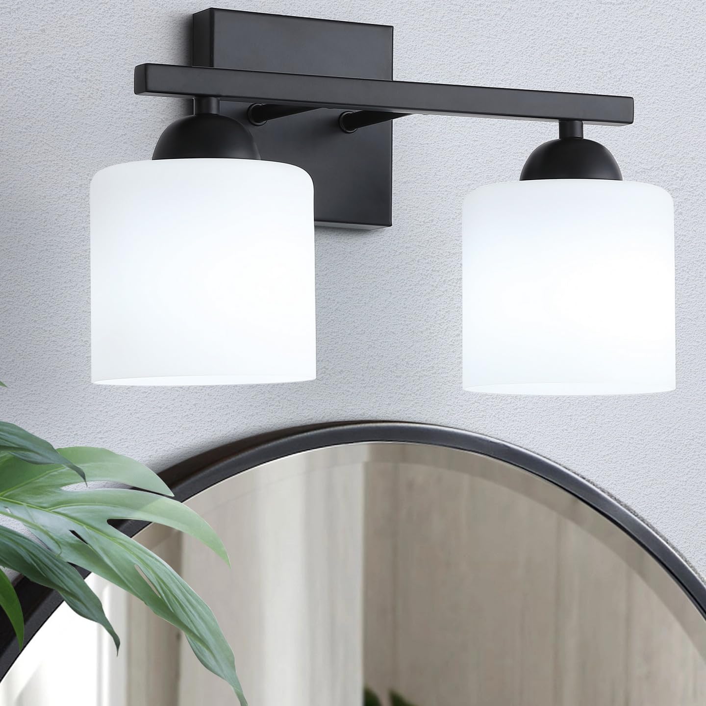 Photo 1 of QHANTOMIZE 2-Light Matte Black Vanity Light, Modern Bathroom Light Fixtures Over Mirror, Vanity Light with Milky White Glass Shades, Farmhouse Black Wall Sconce, E26 Socket