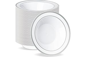 BESTVIP 100 Pack Plastic Disposable Soup Bowls, 12 oz White Dessert Bowls with Silver Rim, Heavy-duty Salad Bowl for Party, Wedding, Christmas, Thanksgiving, Dinner, Catering