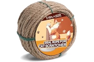 ROADTOFREE Sisal Rope for Cat Scratcher 1/4" 50 Ft Cat Tree Rope Twine for Repairing Cat Scratching Post Replacement DIY Hemp Rope for Carpet Mat Kicker House, Pet Toy, and Crafts Gardening Home Decorating
