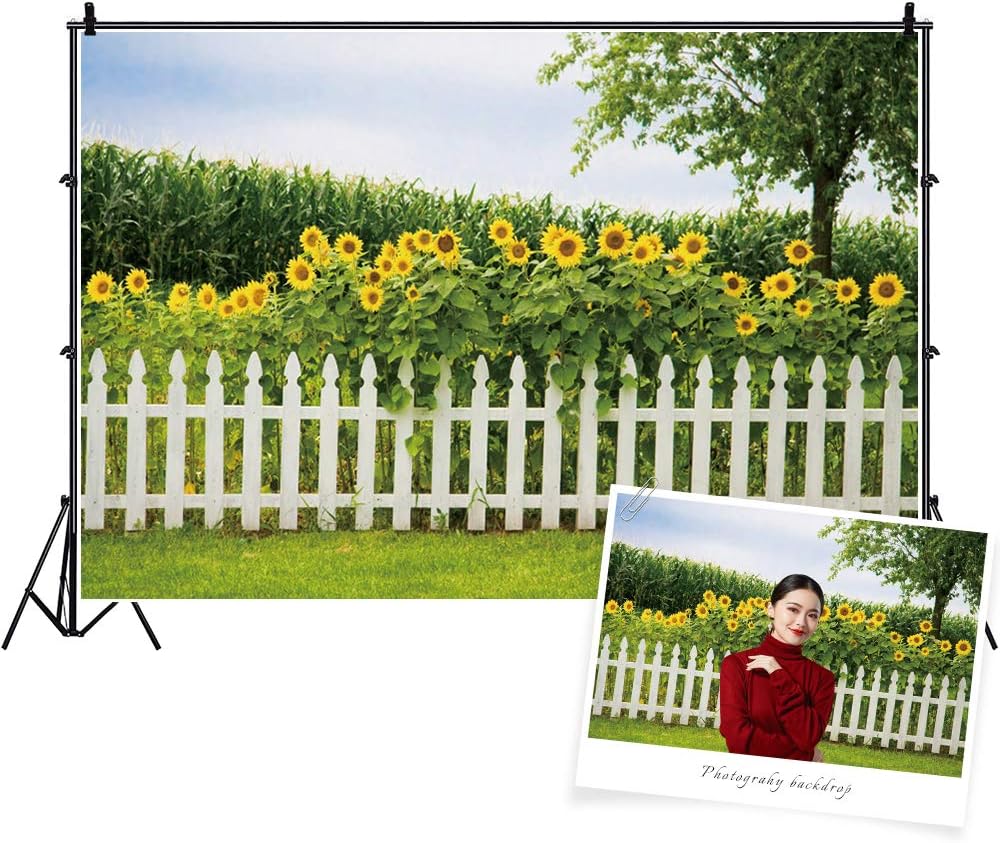 Baocicco 7x5ft Sunflower Garden Backdrop Green Spring Backdrop Green Grassland Backdrop White Fence Backdrop Wedding Backdrop Summer Holiday Backdrop Children Adults Photo Shooting Props Photo Booth