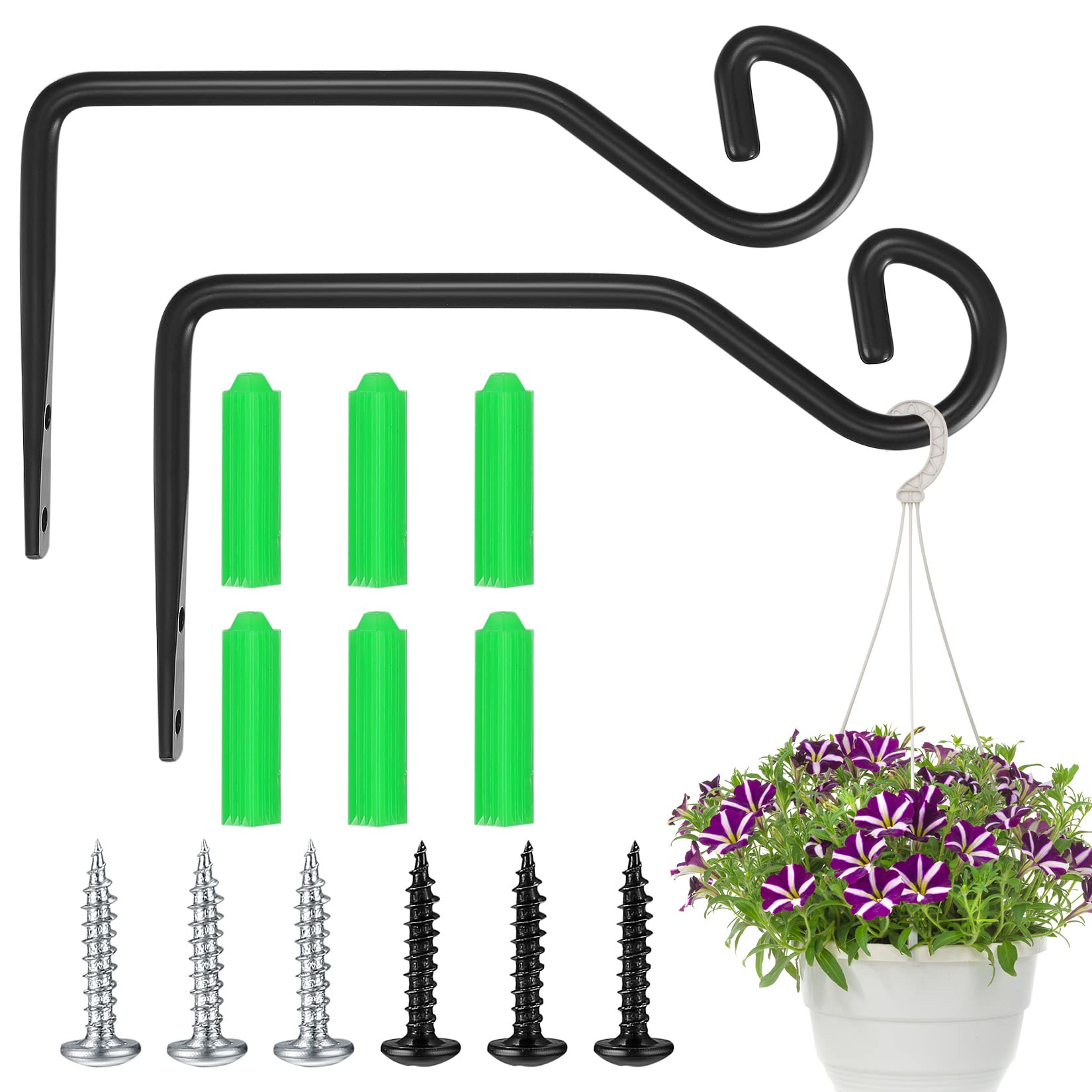 2 Pack Hanging Basket Holder Hanger Hooks, Wall Hanging Plant Basket Brackets for Garden Light Flower Pots Bird Feeders Plants Lanterns Wind Chimes (Black)