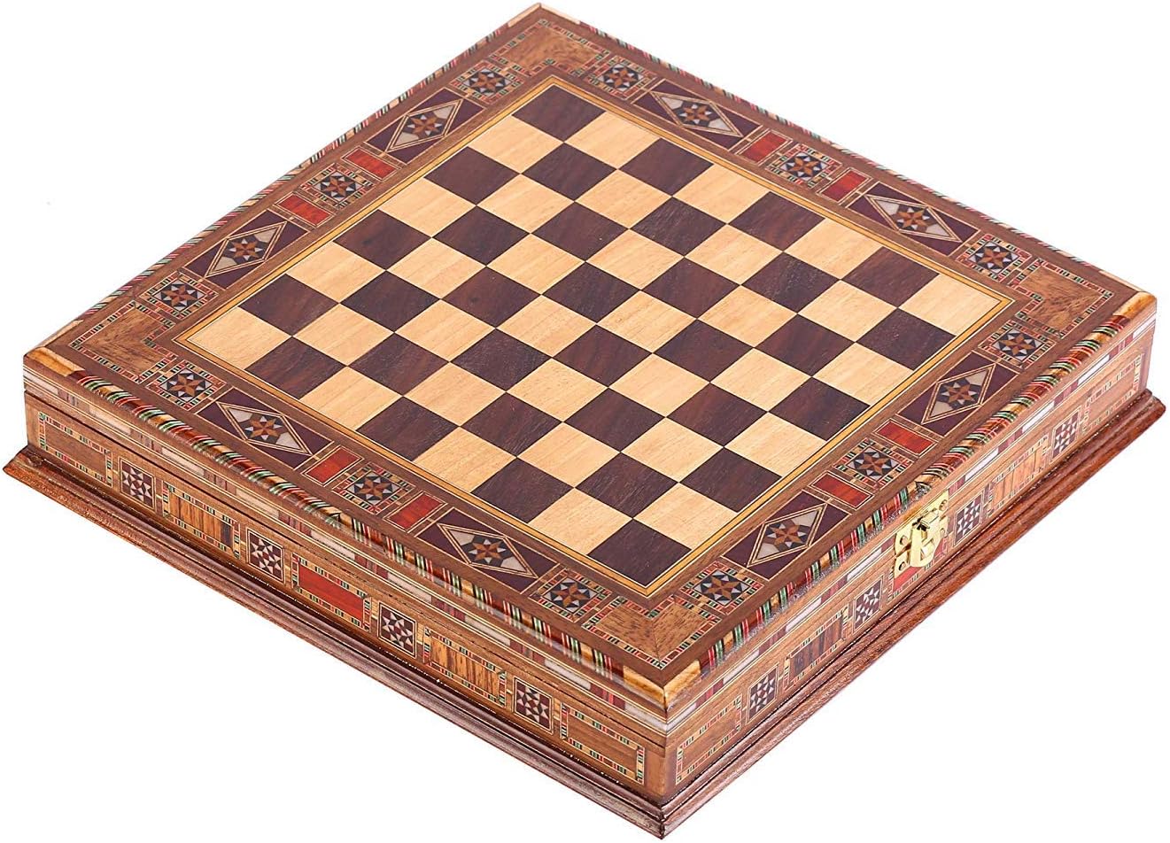 GiftHome Natural Solid Wooden Chess Board with Pearl Design Around Board and Storage Inside 15 x 15 x 2.5 inches (Just Board, Without Chess Pieces)