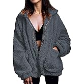 Women's Fuzzy Fleece Faux Shearling Coat, Winter Warm Oversized Jacket with Lapel Collar, Casual Zipper Outwear for Daily Use