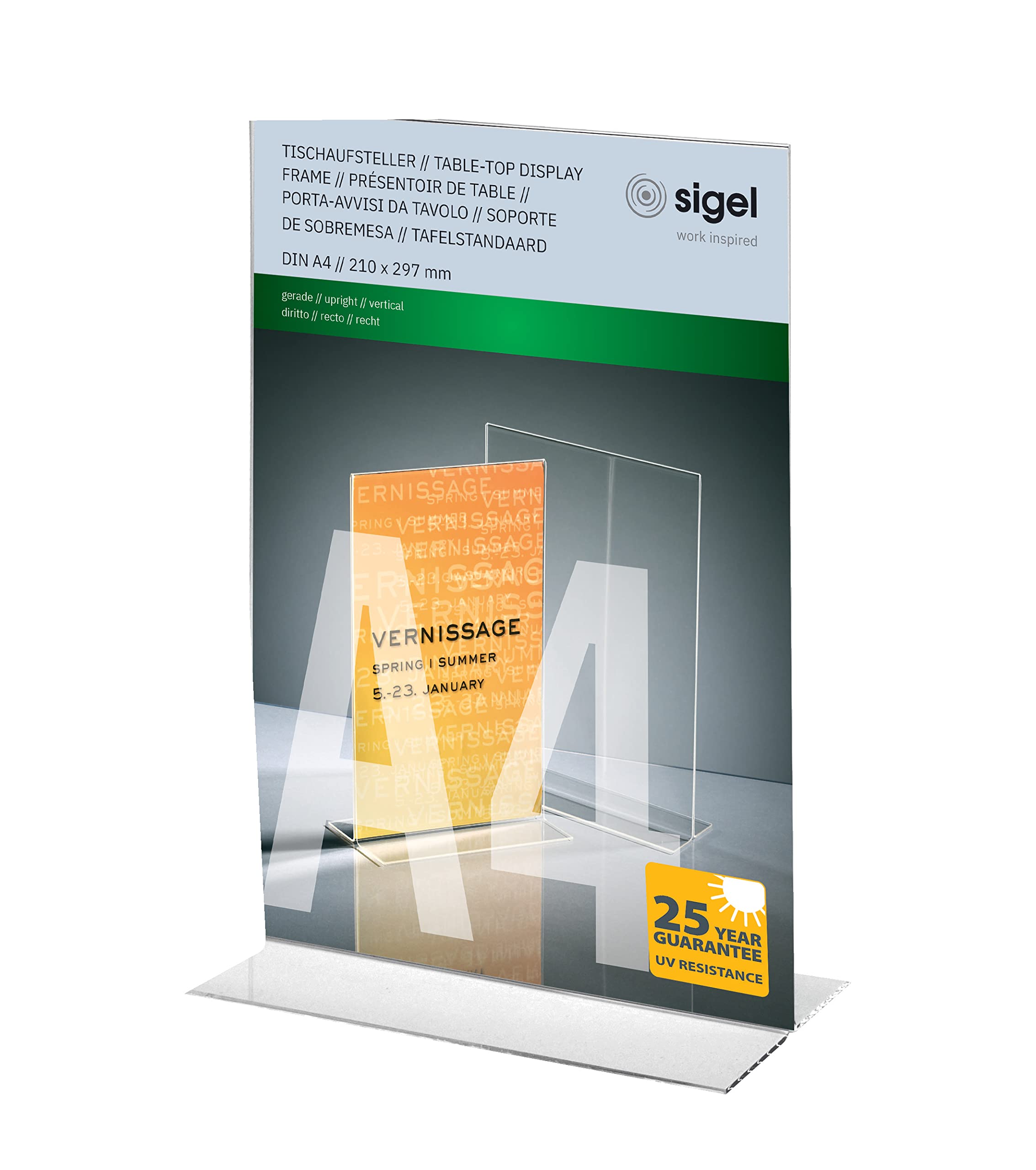 SIGEL TA220 Sign Holder, upright, for A4, double-sided presentation, uv resistant acrylic, transparent, 1 Piece