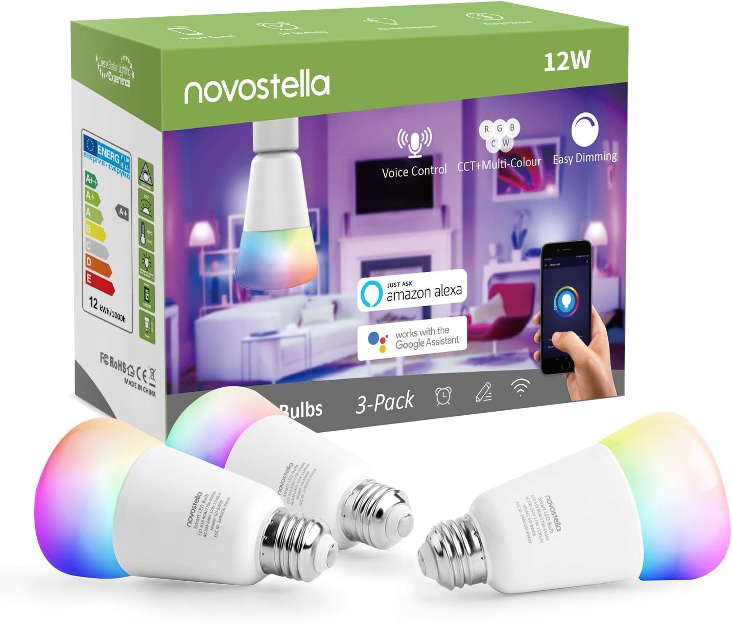 Novostella E27 LED Smart Bulb, 12W Bright WiFi Bayonet Bulb, Dimmable, Work with Alexa Google Home (RGB + 2700-6500K Tunable White, 100W Hal Bulb Equivalent, 1150lm, 3 Pack No Hub Required)
