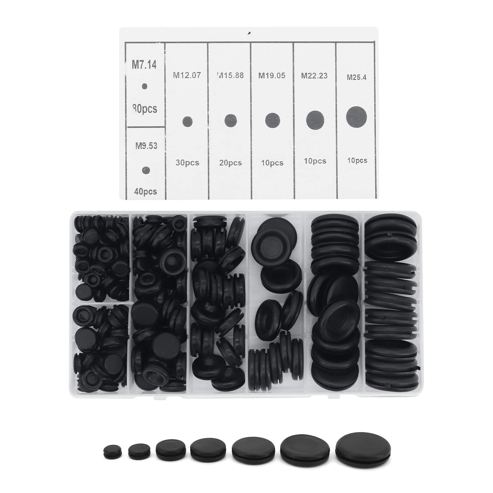 Yuhtech Rubber Grommet Assortment Kit, 200 Pcs 7 Sizes Black Rubber Grommet Electrical Conductor Gasket Ring Assortment Kit for Protecting Wires, Plugs and Cables