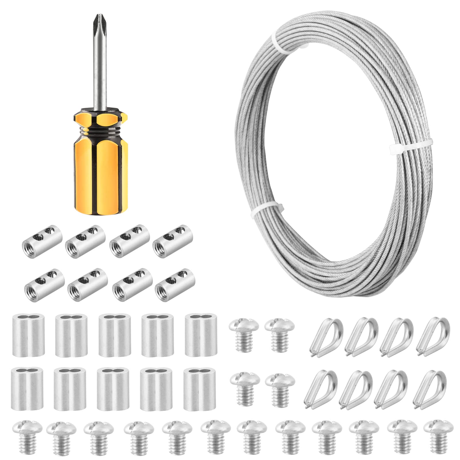 Abimars 2mm Wire Rope Kit, 20M PVC Coated Steel Cable with Sleeves, Thimbles & Clamps, 7x7 Strands Wire Cable, Use For DIY Hanging & Fixing Job & Cable Replacement, Climbing Plants Training