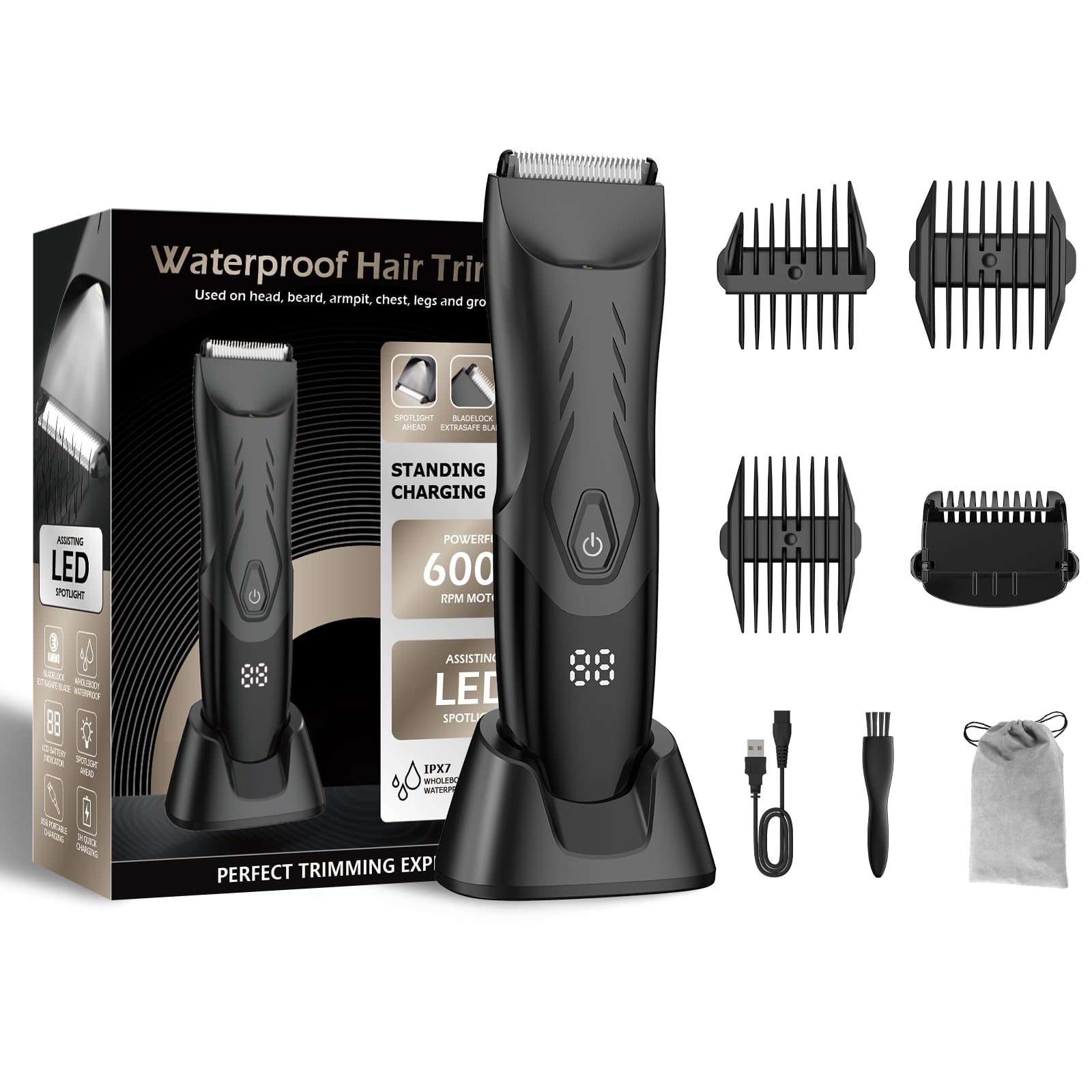 zuxify Body Hair Trimmer Men with Safety Blades and LED Display (Black)
