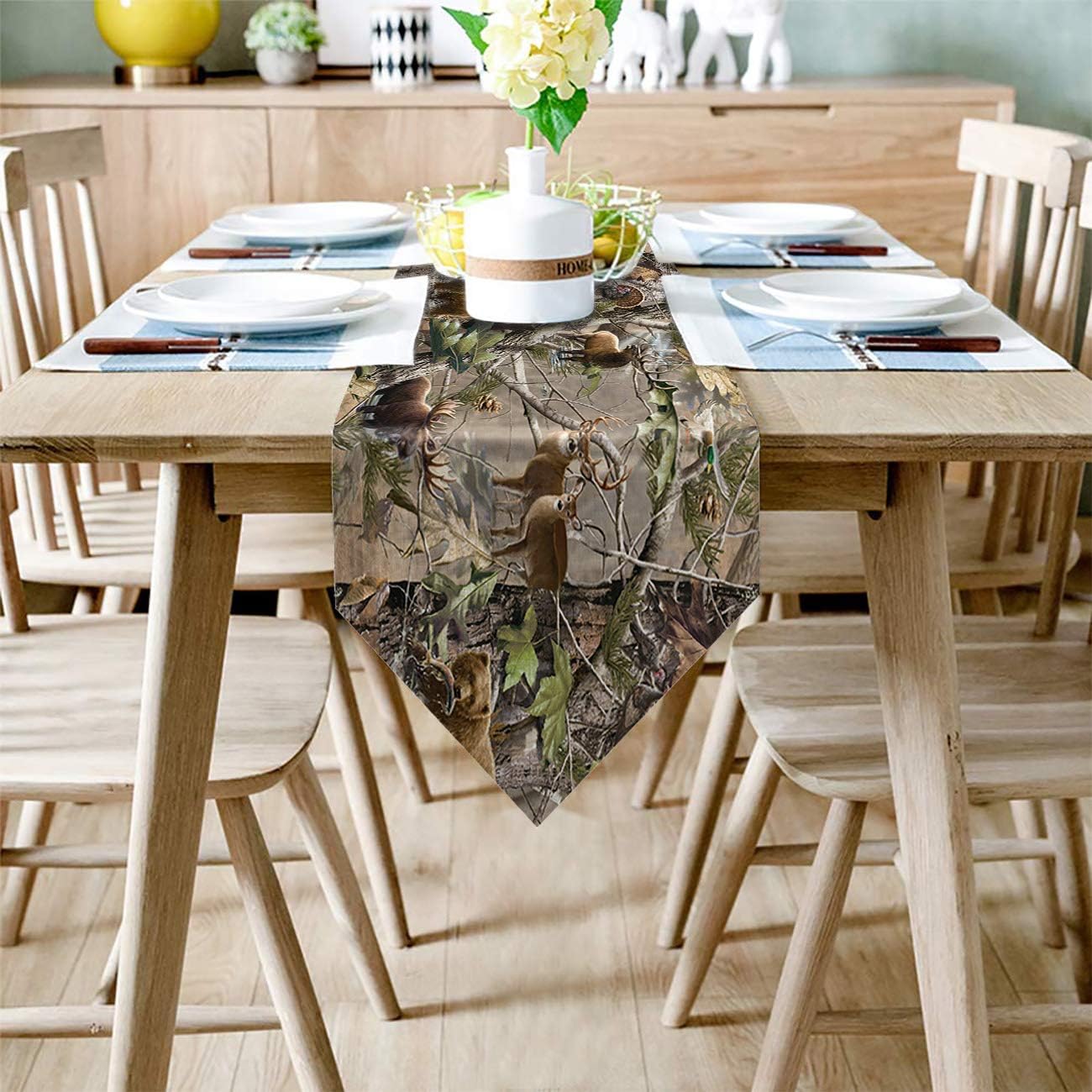 Cotton Linen Table Runner Dresser Scarves Realtree Camo Rustic Deer Elk Bird Bear Non-Slip Burlap Tablecloth for Holiday Dinner Parties Wedding Home Decor - 14"x72": Home & Kitchen
