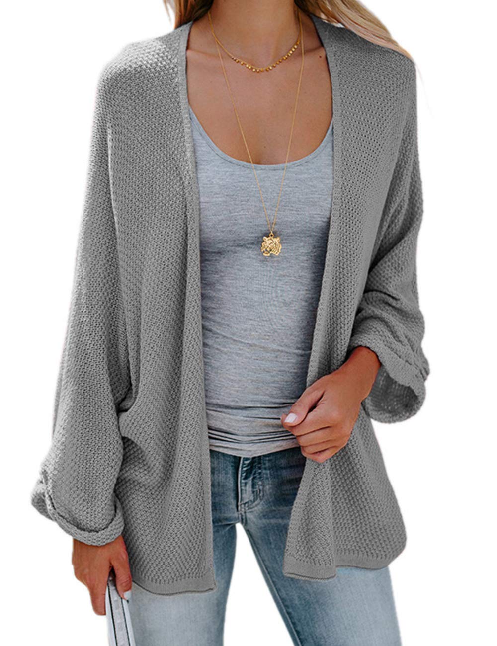PARIS HILL Womens Long Sleeve Cardigans Oversized Open Front Basic Casual Knit Sweaters Coat Grey Large