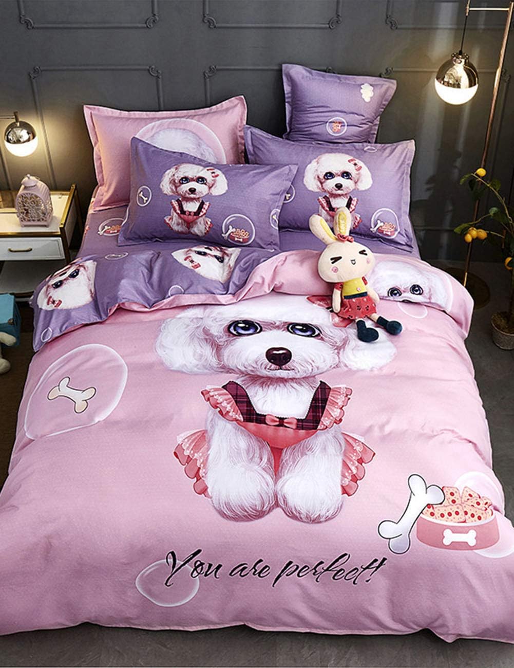 TUDOU Modern Style Duvet Suit, Flower Bed Sheet Covered with Green Leaf Pattern Print Quilt Bedding Set Queen Purple