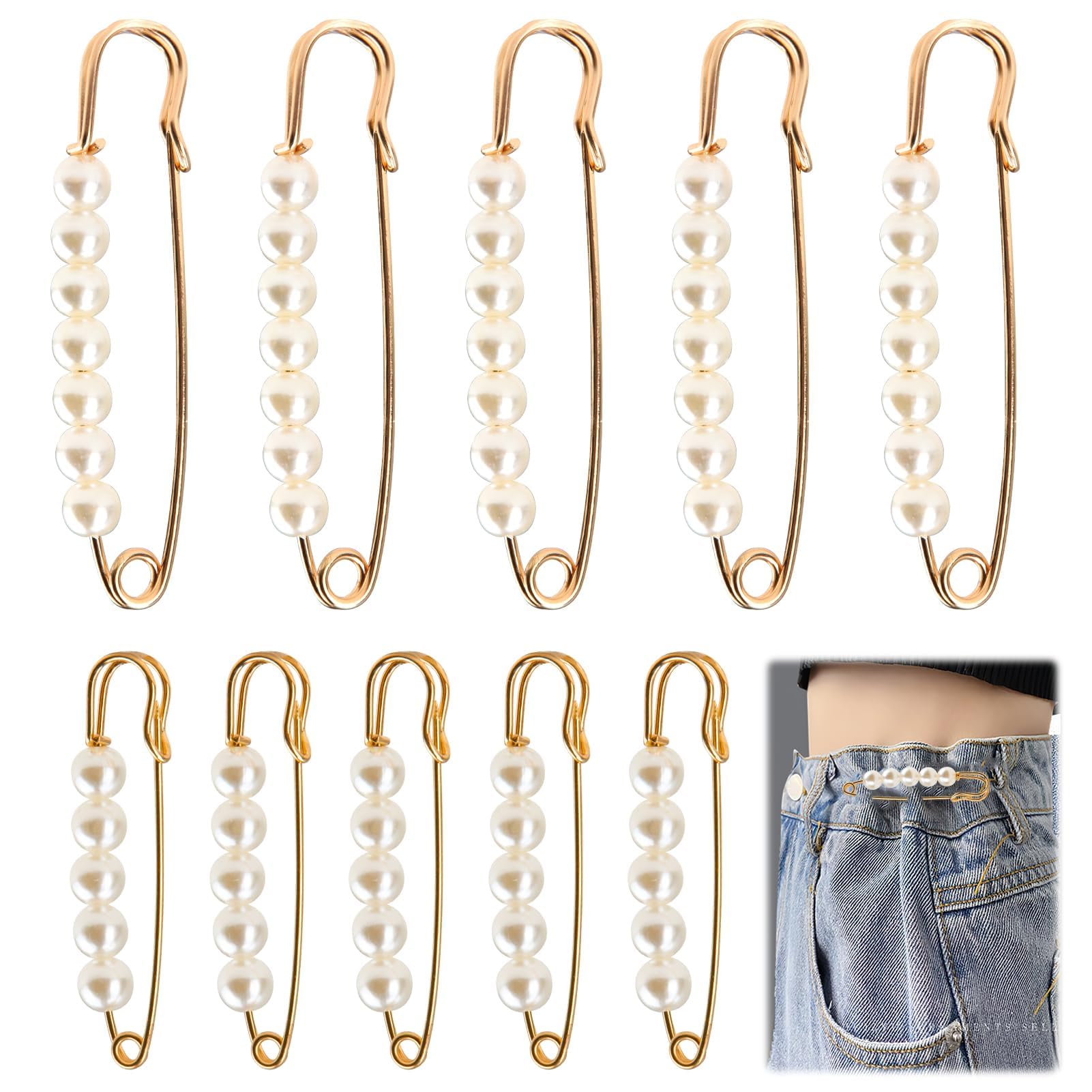 Gold Safety Pins for Clothes With Pearl 10pcs Large Safety Pins Strong Sweater Shawl Decoration Clip Big Safety Brooch Pins for Hat Kilt Blanket Shirts Cardigans Skirts Pants