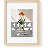 TONES FRAME DESIGN 11x14 Picture Frame Natural Wooden Frame with 8x10 Mat, 11x14 Frames Solid Wood Veneer 11 x 14 Picture Frames with Shatterproof Plexiglass for Poster Gallery Wall Home Decor