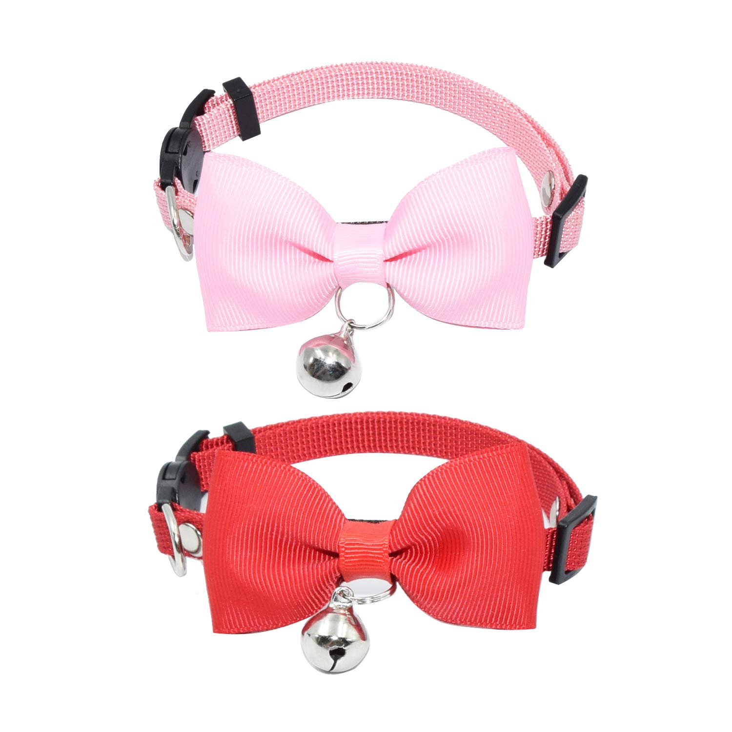 Olahibi 2 PACK Breakaway Clasp Safe Release Cat Collar, Handmade Bowtie,Clear Bell,Nylon Material, for Adult Cats(S,Red+Pink)