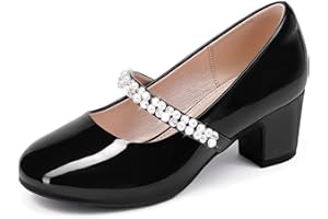 LAURMOSA Flower Girl Shoes Kids High Heels Mary Jane Flats Cute Pearl Rhinestones Girls Dress Pumps Shoes for Church Wedding 