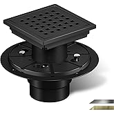 6 Inch Square Shower Floor Drain, Stainless Steel Flange with Removable Grid Cover Hair Strainer, Black