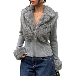 Dokotoo Women's Faux Fur Fuzzy Coats Zip Up Jacket Slim Fit Winter Outwear | Casual,Sexy,Fur Trim,Solid,Ribbed Knitted,Fall C