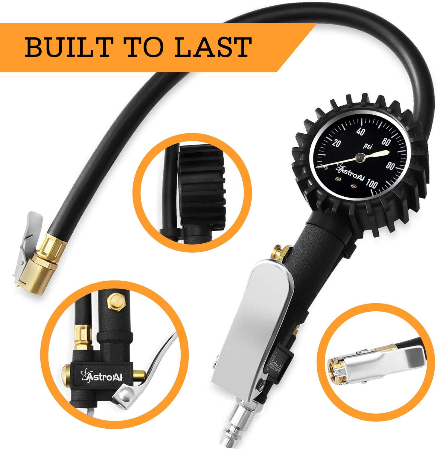 AstroAI Upgraded 100 PSI Tire Inflator with Pressure Gauge, Heavy Duty with Large 2" Easy Read Glow Dial, Air Chuck, Quick Connect Coupler and Rubber Hose Compressor Accessories: Automotive
