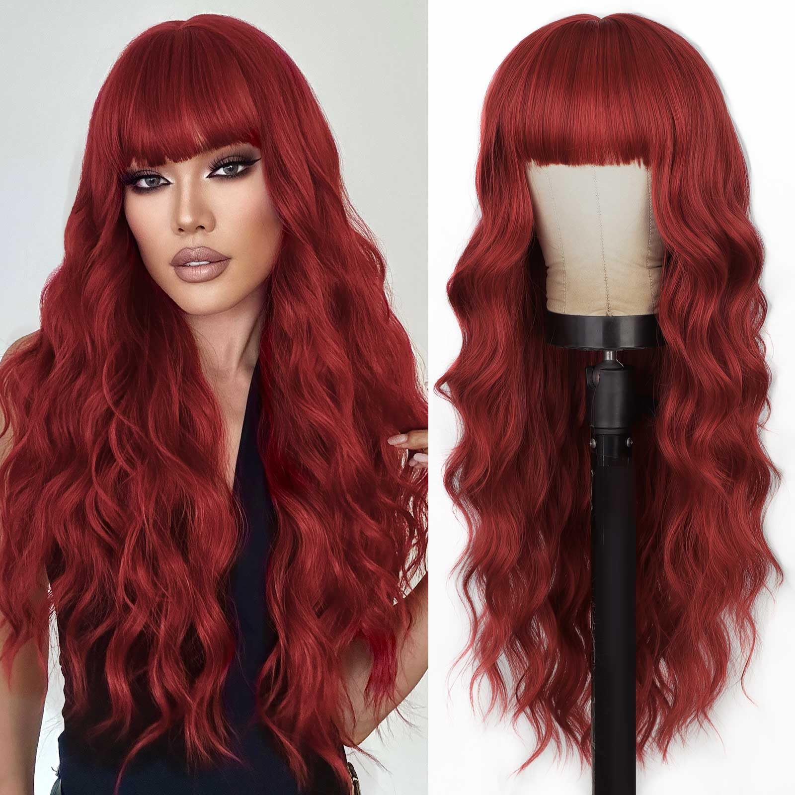 Photo 1 of Lativ Red Wig With Bangs Long Red Wigs for Women 26 Inches Curly Wavy Hair Natural Looking Heat Resistant Fiber Wig for Girls Halloween Party Use
