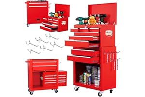 Dawmilon 8-Drawer Rolling Tool Chest, 2-in-1 Tool Box Organizer with Lockable Wheels, Sliding Drawers, and Detachable Top, Garage Workshop Tool Storage Cabinet, Red
