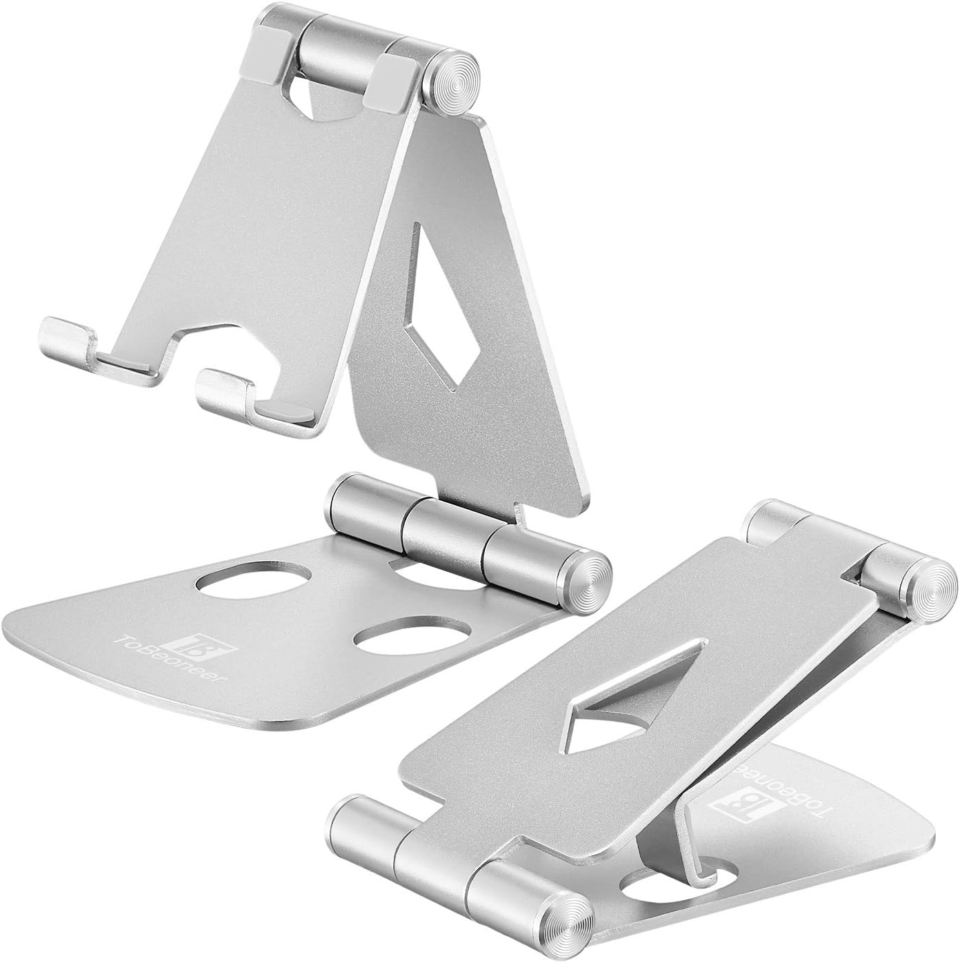 Adjustable Cell Phone Stand - ToBeoneer Desk Phone Holder, Portable Small Size [Dual Angle] Desktop Dock Compatible with iPhone 12 11 XR XS X 8 7 6 Plus Samsung Google, Office Home Décor (Silver)