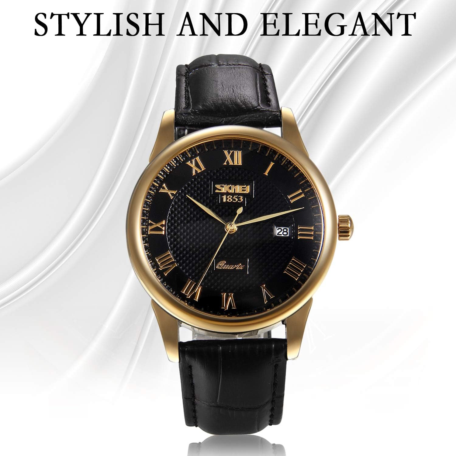 JewelryWe Men's Business Quartz Watch with Roman Numeral Dial and Round Calendar and Black Leather Alloy Strap with Gift Bag - Image 3