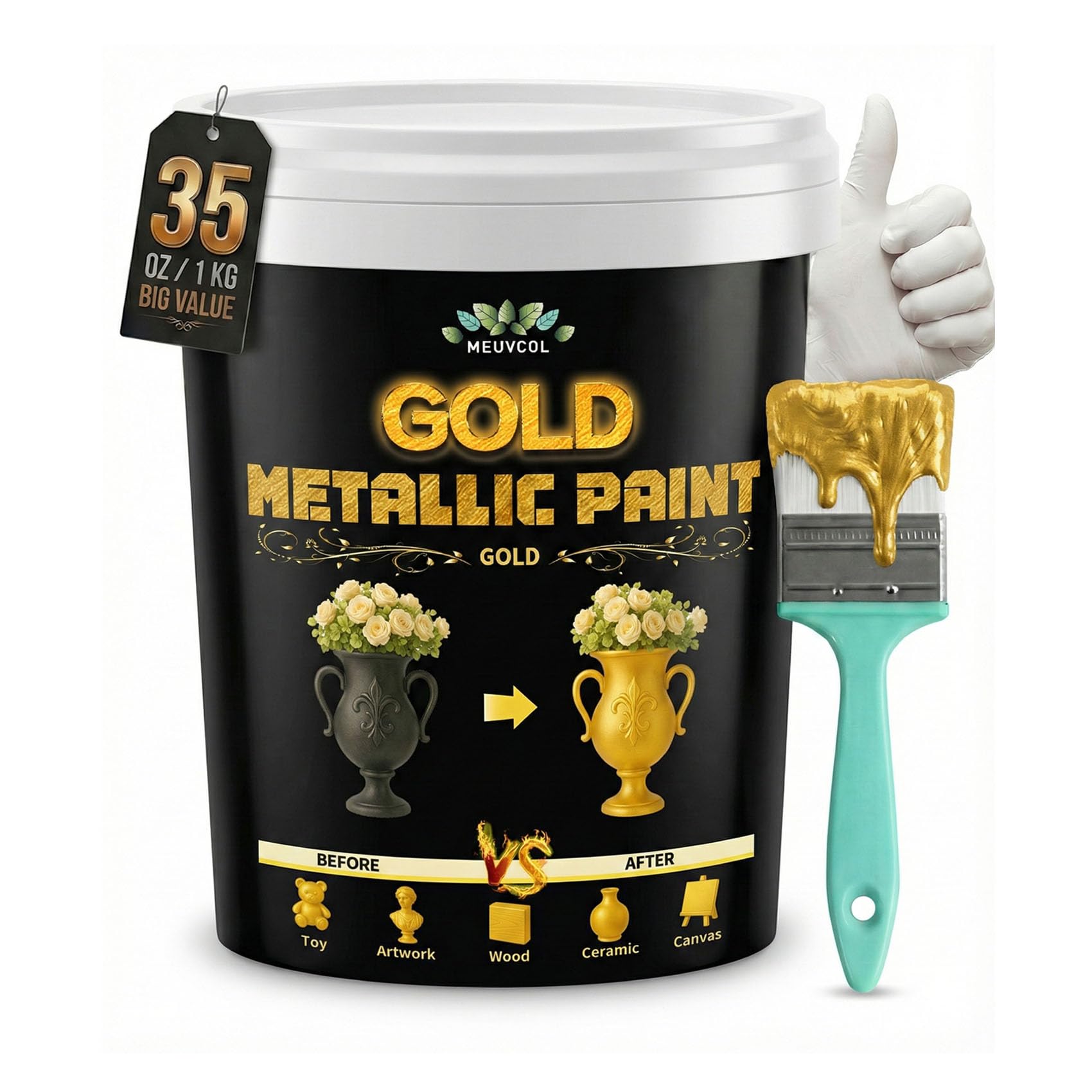 Photo 1 of Meuvcol Gold Paint, 35 Floz Metallic Liquid Gold Leaf Paint - Non Toxic Shiny Acrylic Coating for Metal, Wood, Furniture, Clay, DIY Crafts, Artwork & Home Décor