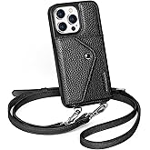 LUCKYCOIN Crossbody Wallet Phone Case for iPhone 15 Pro, Genuine Phone Case with Expandable Wallet Card Holder & Adjustable Removable Crossbody Strap, Phone Purse with Card Slot - Pebble Black